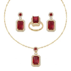 Zestaw jubilerski kolczyki, naszyjnik, pierścionek z czerwonym kamieniem złote