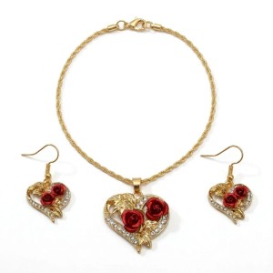Złoty zestaw kolczyki i naszyjnik - Złote Serce z Czerwoną Różą i Listkami z cyrkoniami