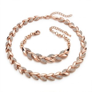 Zestaw złocony Impero – bransoletka srebro 925 i kolia (naszyjnik) z cyrkonią, wieniec laurowy złoty w odcieniu lekko różowym